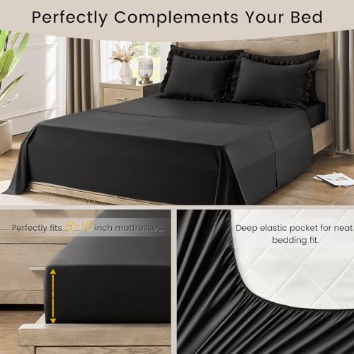 QUIETSEA Queen Bed in a Bag 7 Pieces Comforter Set Queen, Ruffle Bedding Comforter Set Black Bed Set with Comforter, Pillowcases, Flat Sheet, Fitted Sheet and Pillow Shams QUIETSEA