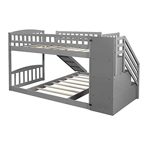 Twin over Twin Low Bunk Bed Frame with Slide and Storage Drawers for Kids - Grey - WoodArtSupply