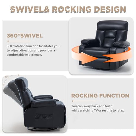 Comermax Rocker Recliner Chair with Heat and Massage, Wide Seat Heated Massaging Reclining Chair, Faux Leather Manual Swivel Rocking Recliners with Cup Holder, Black Comermax