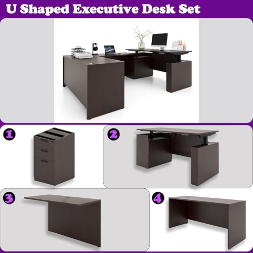 ALFA BUSINESS 100.4'' U Shaped Executive Standing Desk with Pre-Assembled Frame & Lockable Cabinets, Height Adjustable Desk Dual-Motor Sit-Stand Workstation for Corporate & Home Office (Espresso-U) ALFA BUSINESS