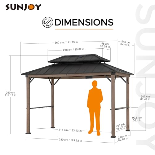 Sunjoy Wooden Grill Gazebo, 8 x 12 ft. Steel Hardtop Gazebo with Solar Power for Year-Round Grilling - 2 Full Size Grills, Griddles or Smokers - Sunjoy