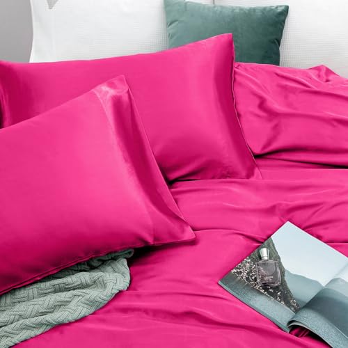 Vonty Satin Sheets Queen Size Silky Soft Satin Bed Sheets Hot Pink Sheet Set, 1 Deep Pocket Fitted Sheet + 1 Flat Sheet + 2 Pillowcases Vonty