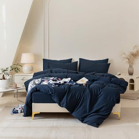 BDEAR Navy Blue Vintage Duvet Cover Queen Size 90''Wx90''L for Spring and Summer, Percale Pinstriped Textured Duvet Cover with Zipper Closure and 2 Pillowcases, Light Weight and Ultra Soft BDEAR