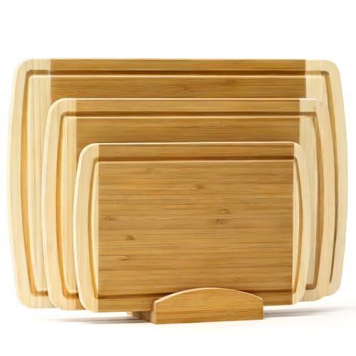 Hiware 3-Piece Extra Large Wooden Cutting Boards For Kitchen, Bamboo Cutting Board with Holder, Wood Cutting Board Set, Heavy Duty Chopping Board for Meat, Serving Tray Set- Two Tone HIWARE