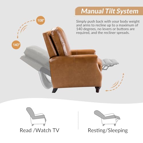 HULALA HOME Genuine Leather Manual Recliner Chair with Adjustable Backrest & Footrest, Mid Century Modern Push Back Recliner with Nailhead Trim & Wood Legs-for Living Room Home Theater, Camel