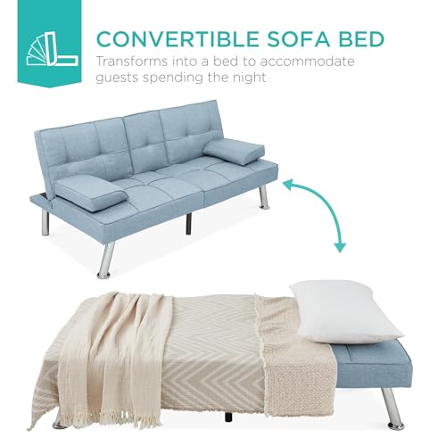 Best Choice Products Linen Modern Folding Futon, Reclining Sofa Bed for Apartment, Dorm w/Removable Armrests, 2 Cupholders - Light Blue Best Choice Products