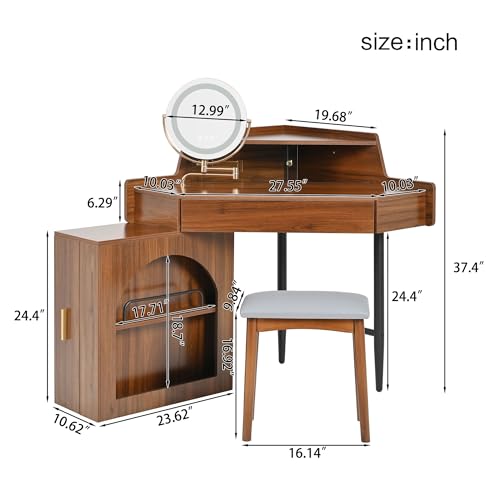 HSUFLWS Wood Corner Vanity Desk with Mirror & Led Lights, White Makeup Vanity Desk with Cushioned Stool & Side Cabinet, Fluted Makeup Vanitys with a Large Drawer for Bedroom (Walnut, 37 H) HSUFLWS