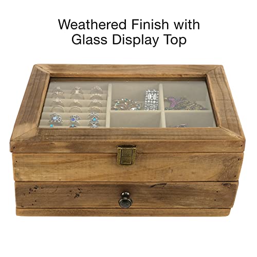 Excello Global Products Jewelry Box: Farmhouse Solid Wood Rustic Distressed Jewelry Organizer. Includes Glass Window and Storage Drawer. EXCELLO GLOBAL PRODUCTS