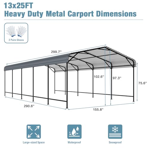 EBE 13' x 25' Metal Carport, Outdoor Steel Carport Canopy with Galvanized Steel Frame and Roof, Heavy Duty Garage Shelter Shade for Cars, Boats, and Truck EBE