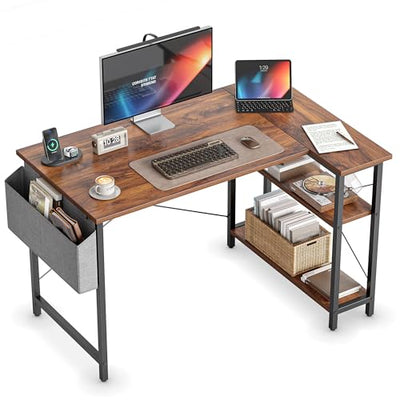 CubiCubi L Shaped Desk, 40" Computer Desk with Reversible Storage Shelves Home Office Corner Desk Study Writing Gaming Table, Brown