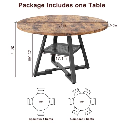 Jocoevol 51'' Round Dining Table for 6,Kitchen Dining Room Circle Dinner Pedestal Table,Space Saving Wood Kitchen & Dining Room Furniture (Vintage, 51In) Jocoevol