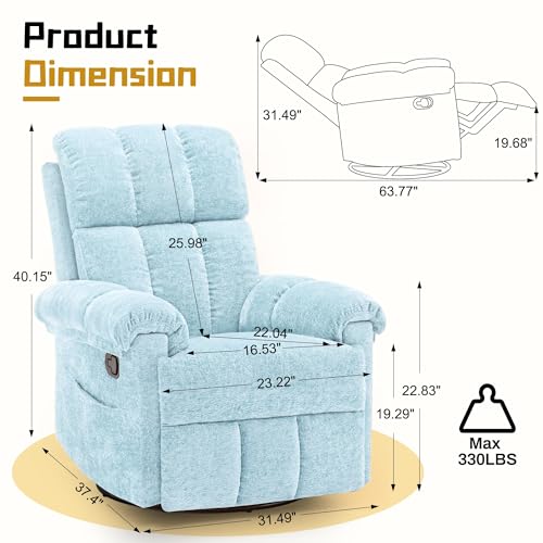 Korser Recliner Chair, Swivel Rocker Recliner Chair for Adults, Small Recliners for Small Spaces, Manual Recliner with Side Pockets, Upholstered Nursery Rocking Chair for Living Room, Chenille, Blue
