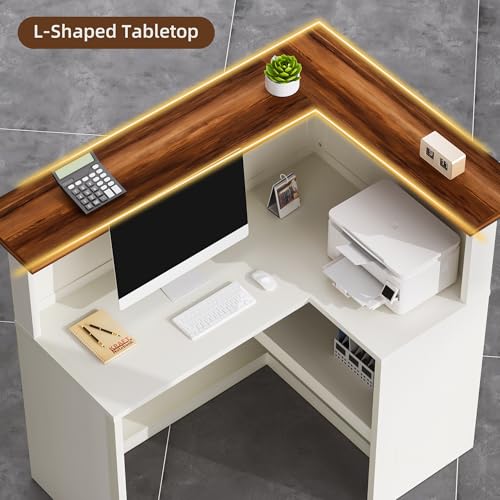 OUTGUAVA Reception Desk with Counter, Modern L Shaped Reception Desk with Storage Shelves, 52” Retail Counter for Checkout, Lobby, Office, Salon, White OUTGUAVA