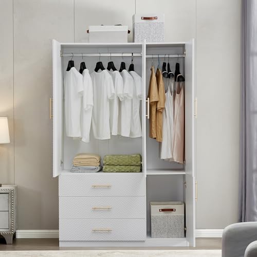 Idealcabin 3 Doors White Modern Wardrobe Armoire Wooden Closet Cabinet with Hanging Rod ShelvesBedroom Clothes Storage Organizer Bathroom Wood Closet with 3 Drawers (20.3" D x 47.2" W x 74.2" - WoodArtSupply