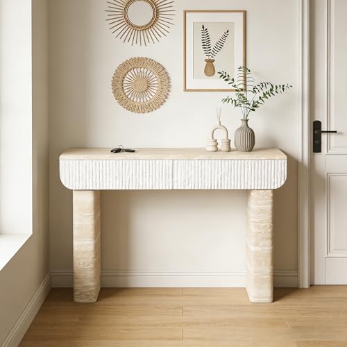 Mcltopz 47.2" Faux Mars Marble Pattern Console Table with 2 Drawers, Skinny Long Sofa Table Behind Couch with Rounded Edges, Wooden Narrow Sofa Table Hall Table for Living Room Foyer Entrance, Marble Mcltopz