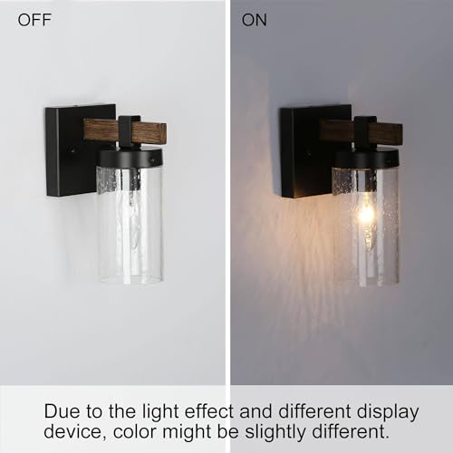 KSANA Black Wall Sconces, Farmhouse Faux Wood Wall Light Fixtures with Seeded Glass Shade for Bedroom, Bathroom, Living Room KSANA