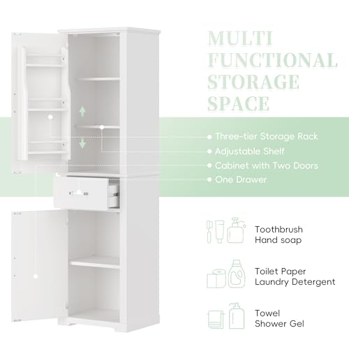 Pasirou 72" Tall Narrow Storage Cabinet with 2 Doors and One Drawer, Modern Freestanding Pantry Organizer with Adjustable Shelf and Door Shelves for Bathroom, Home Office, Kitchen, White Pasirou