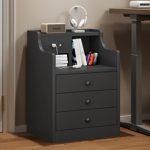 Tiptiper Black Nightstand with Charging Station 3 Drawers, Wood Sofa End Side Table with USB Ports and Outlet, Bedside Table Bedroom Nightstand with Sliding Drawer & Hutch Tiptiper
