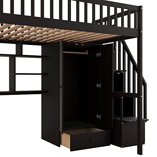 Full Size Loft Beds Stairway Loft Bed Frame with Wardrobe, Desk, Bookcase and Drawers, Espresso Merax