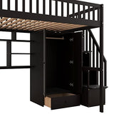 Full Size Loft Beds Stairway Loft Bed Frame with Wardrobe, Desk, Bookcase and Drawers, Espresso Merax