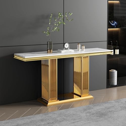 Goderfuu 47" White Marble Console Table, Rectangular Faux Marble Sofa Table, Luxury Entryway Narrow Long Hallway, Modern Living Room With Gold Stainless Steel I-Base Goderfuu