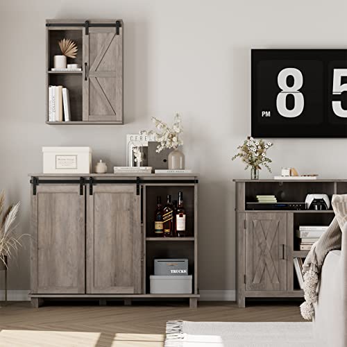 HOSTACK Farmhouse Buffet Sideboard, Coffee Bar Cabinet with Storage, Liquor Wine Cabinet with Sliding Barn Doors, Accent Storage Cabinet for Kitchen, Ash Grey - WoodArtSupply