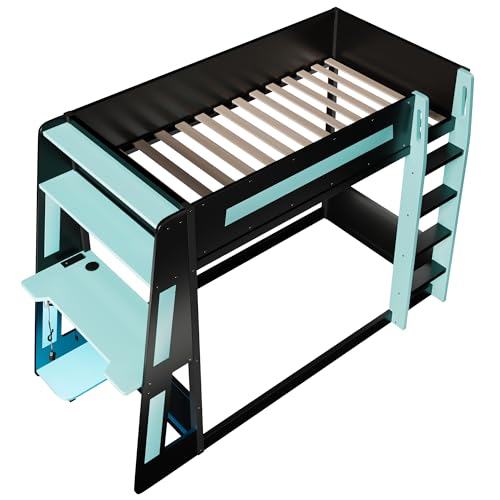 Twin Over Twin Gaming Bunk Bed with Desk and USB and LED Light, Twin Size Wooden Loft Bed Frame with Storage Shelves, Ladder, for Kids Boys Teens Adults, Space Saving (Black+Blue) Harper & Bright Designs