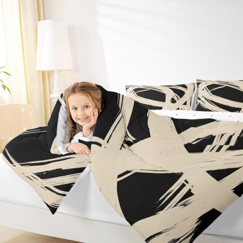 Erosebridal Beige and Black Abstarct Queen Comforter Set for Adult Women Men, Geometric Striped Bedding Set for Minimalists,Graffiti Aesthetic Lines Quilt,Contemporary Boho Modern Art Duvet Insert Erosebridal
