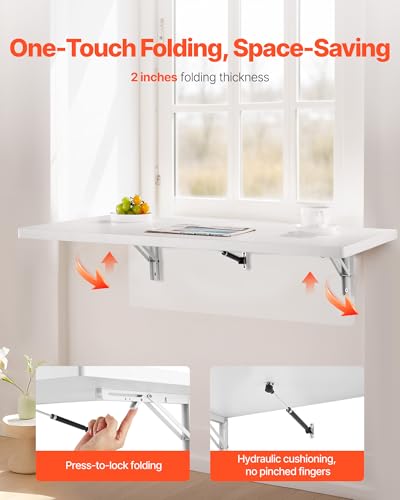 VEVOR Wall Mounted Folding Table, 39.4 x 19.7 inches Wall Mount Table, Floating Desk with Iron Bracket for Small Spaces, Home Office, Dining, Laundry Room, Kitchen, Bar, White VEVOR