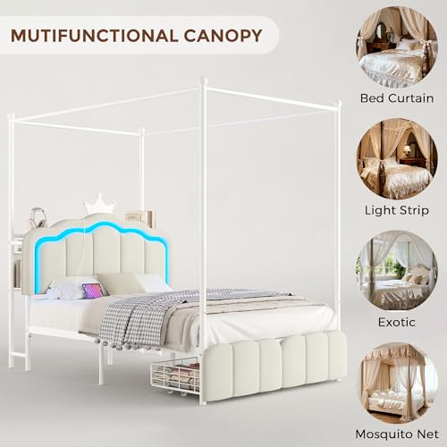 Full Velvet Upholstered LED Canopy Bed Frame with 2 Storage Drawers and Charging Station, Crown Headboard with Bookshelf, Two-Use Princess Platform Bed with 4 Removable Posts,Metal Slats Support-Beige