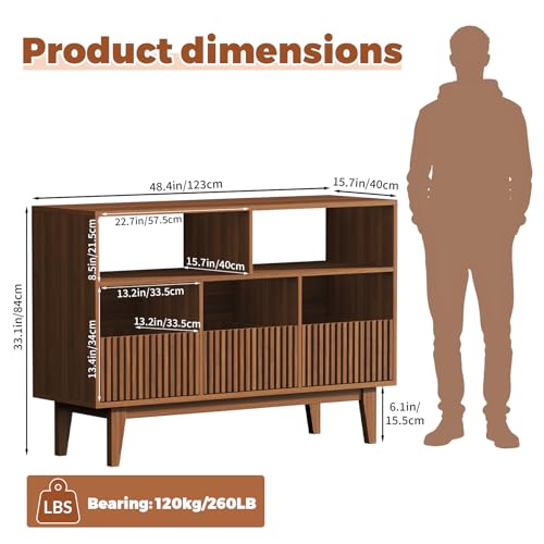 Forrelaxis 48" XL Record Player Stand with 3 Drawers, Mid Century Modern Vinyl Record Storage Cabinet Up to 285 LPs, Turntable Media Console Table for Living Room Bedroom(Walnut) Forrelaxis