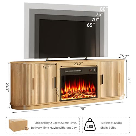 Vitesse Fluted 70 TV Stand with 23" Electric Fireplace Heater, Entertainment Center with Storage and Adjustable Shelves,Modern Media Console Table with Sliding Doors for Living Room, Bedroom (Wood VITESSE