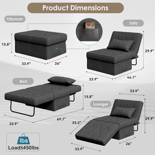 DSNAPE Convertible Sofa Bed with 5-Level Adjustable Backrest, 70" D x 34" W 4-in-1 Folding Ottoman Sleeper Chair Bed, Modern Single Futon Couch for Living Room Apartment Dorm Small Space, Dark Grey DSNAPE