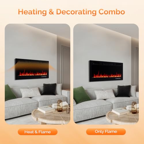 ROVSUN 36 Inch Electric Fireplace with Remote, 1500W Wall Mounted & Recessed Fireplace with Timer, 12 Flame Color, 5 Brightness, Crystal Set ROVSUN