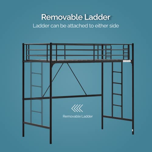 Bonnlo Metal Loft Bed with Stairs and Flat Rung, Junior Loft Bed Twin Size High Loft Bed for Kids/Teens/Adults, No Box Spring Required, Black Bonnlo