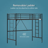 Bonnlo Metal Loft Bed with Stairs and Flat Rung, Junior Bed Full Size High Loft Bed for Kids/Teens/Adults, No Box Spring Required, Black Bonnlo