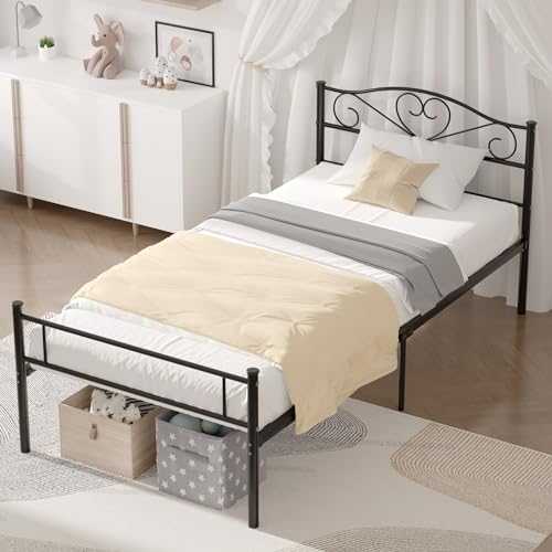 VECELO Metal Platform Bed Frame with Headboard & Footboard, Steel Slats Mattress Foundation, No Box Spring Needed, Twin, Matte Black VECELO
