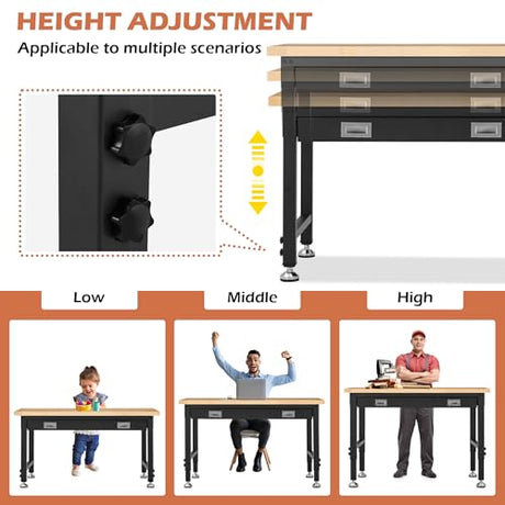 48” Adjustable Workbench with Drawer Storage,Work Benches for Garage with Rubberwood Top,2000 LBS Capacity Worktable with Power Outlets for Workshop,Garage,Home,Office Antifir