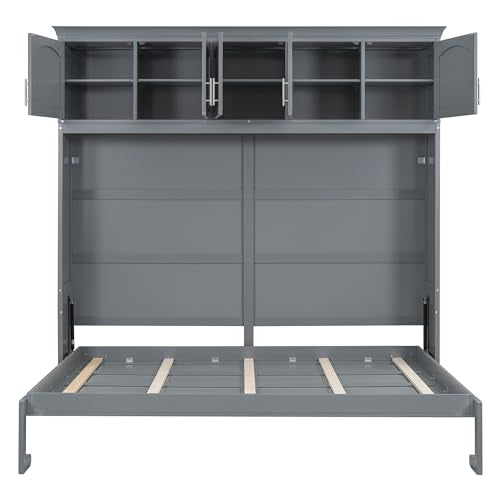 Merax Modern Murphy Cabinet Bed with Top Cabinets, Solid Wood Wall Platform Bed/No Box Spring Needed/Easy Assemble Full,Gray Merax