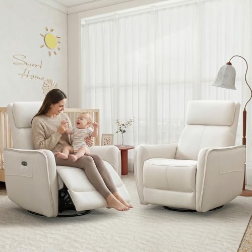 HAOMARKETS Electric Swivel Rocker Recliner Chair, Power Faux Leather Glider Rocking Recliners for Adults,360° Swivel Nursery Reclining Sofa with USB Charging Port, White