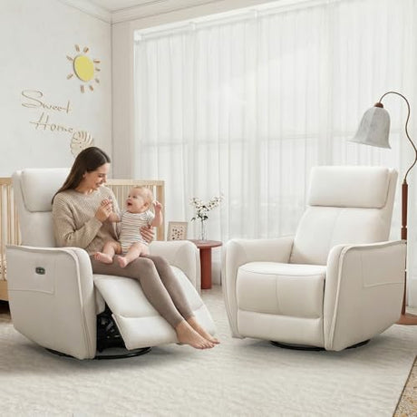 HAOMARKETS Electric Swivel Rocker Recliner Chair, Power Faux Leather Glider Rocking Recliners for Adults,360° Swivel Nursery Reclining Sofa with USB Charging Port, White HAOMARKETS