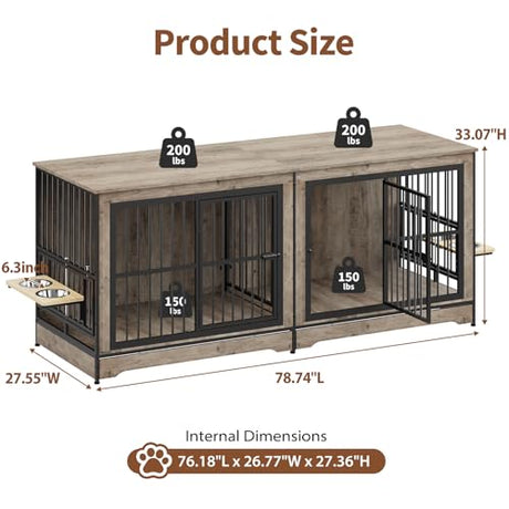 Rovibek 78 Double Dog Crate Furniture for 2 Large Dogs Indoor, Wooden Furniture Dog Crates with Dog Bowl, Dog Kennel Furniture TV Stand Large Breed Grey Rovibek