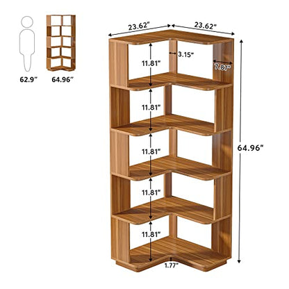 Tribesigns 6 Tier Industrial Corner Bookshelf with Anti-Fall Design - 64.9 Inch Freestanding Wood Grain Rack for Home Office Storage - WoodArtSupply