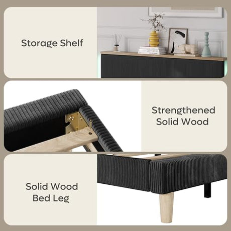 Bestier King Bed Frame with Adjustable Headboard & LED Lighting, Corduroy Upholstered Platform Bed Frame with Storage Shelf, Solid Wood Slats, No Box Spring Needed, Never Squeak, Easy Assembly, Black Bestier