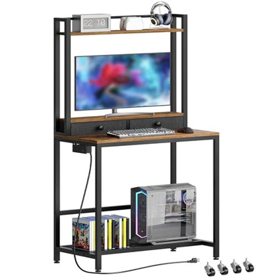 YATINEY Computer Desk with Hutch and Drawers, Home Office Desk with Power Outlets, Gaming Desk with Monitor Stand and Wheels, for Living Room, Home Office, Rustic Brown DN02UBR