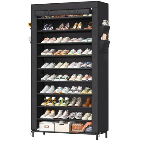 Simple Trending Tall Shoe Rack Organizer Holds 40 Pairs, 10 Tier Large Capacity Shoe Cabinet Storage with Cover for Closet, Black Simple Trending
