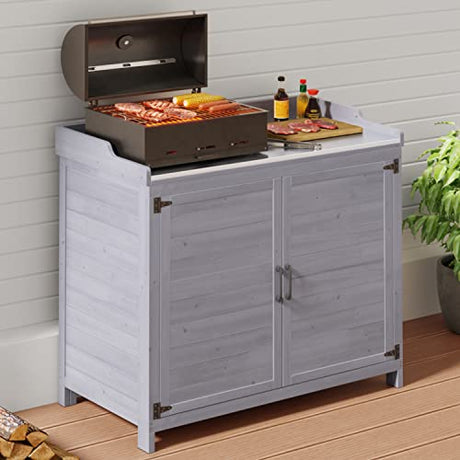 Gizoon Outdoor Potting Bench with Metal Tabletop, Outdoor Garden Patio Wooden Storage Cabinet with Adjustable Shelf, Double Doors Garden Work Bench for Backyard, Patio, Lawn - Grey Gizoon