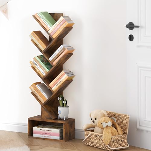 Hoctieon Rustic Brown 6-Tier Tree Bookshelf with Drawer - Stylish Freestanding Storage Solution for Home & Office - WoodArtSupply