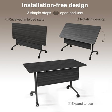 IEDZBEQ Folding Conference Room Tables on Wheels - Mobile Conference Tables Wooden Rectangular Flip Top Training Table 8-16 Person,for Meeting,Office,Seminar (2, Ebony, 47 in) IEDZBEQ