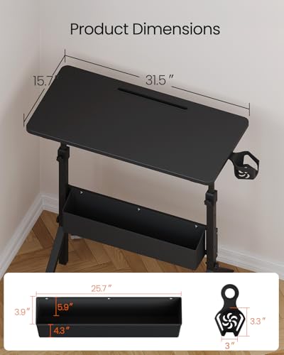 ErGear Mobile Standing Desk with Wheels, Adjustable Height 28.3″ to 46.3″, Rolling Laptop Cart with Cup Holder, Storage Basket, Computer & Pen Slot, Home Office Stand Up Desk, Black (31.5″ x 15.75″) ErGear